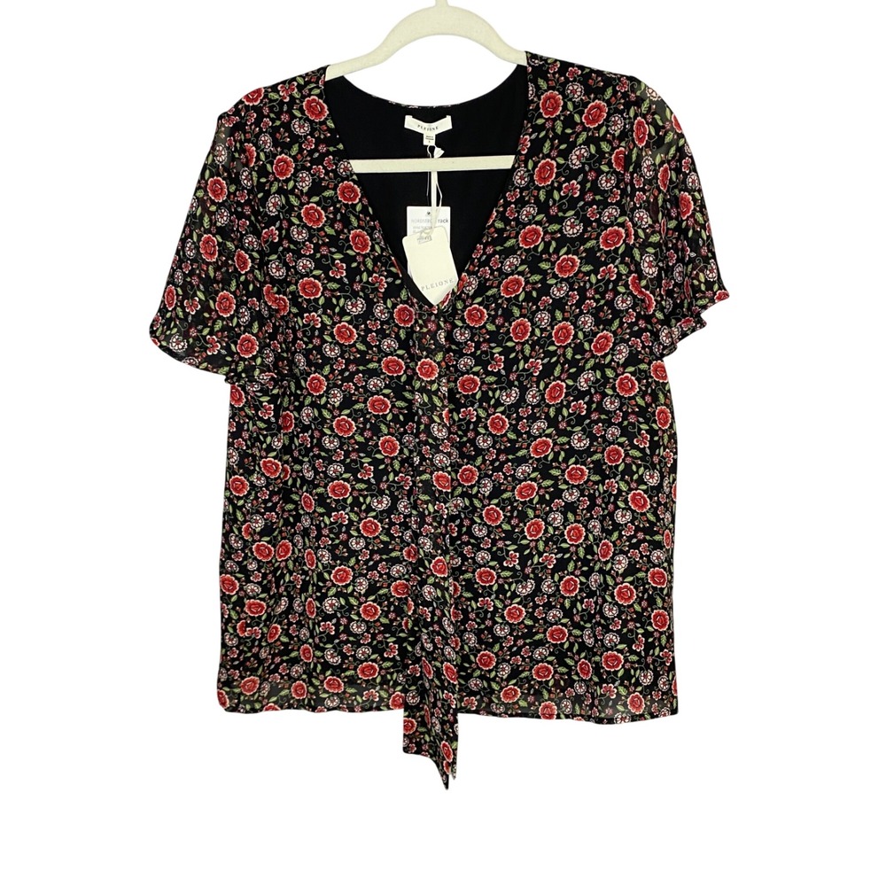 Pleione Womens Black Red Rose Floral Tie Frontβ V-Neck Chiffon Blouse L NEW